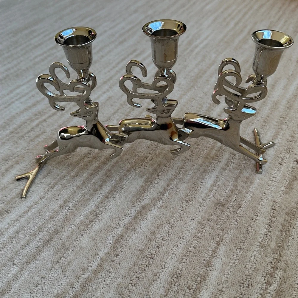 Like New: Christmas Chrome Silver Reindeer Candle Holder Trio Mantle Centerpiece